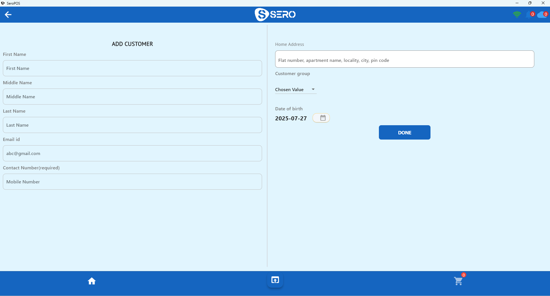Customer profile screen used to enrol guests in a restaurant loyalty program
