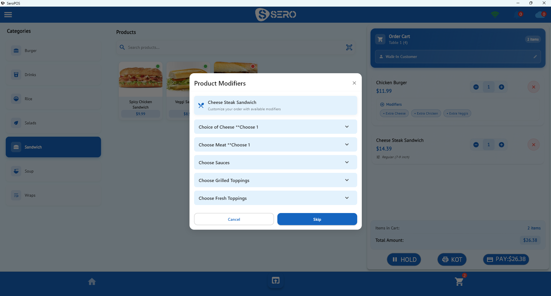 Modifier groups in SeroPOS showing priced topping options for a pizza order