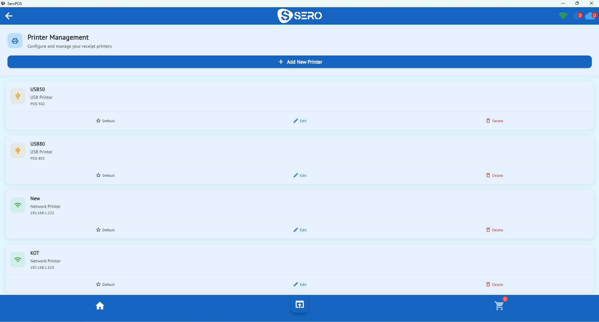POS printer setup screen pairing USB and network receipt printers with a tablet