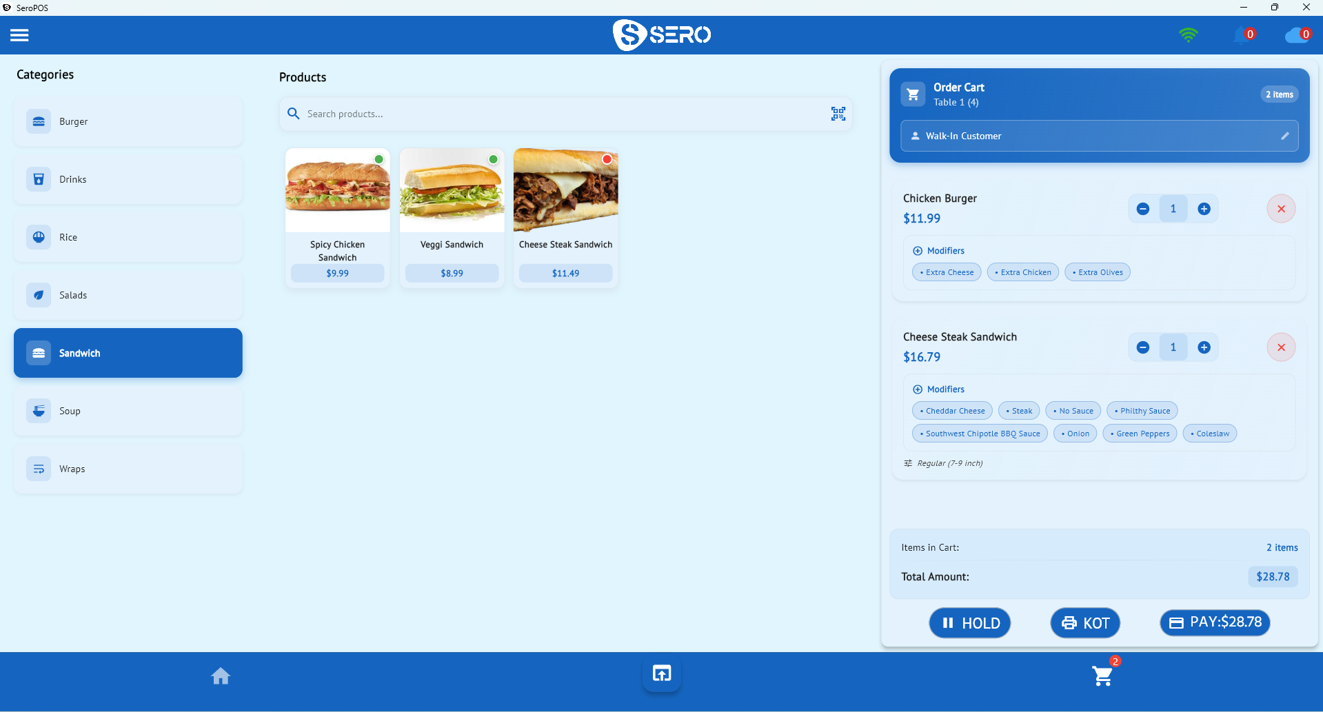 Restaurant POS sale screen with product grid, order cart and payment buttons