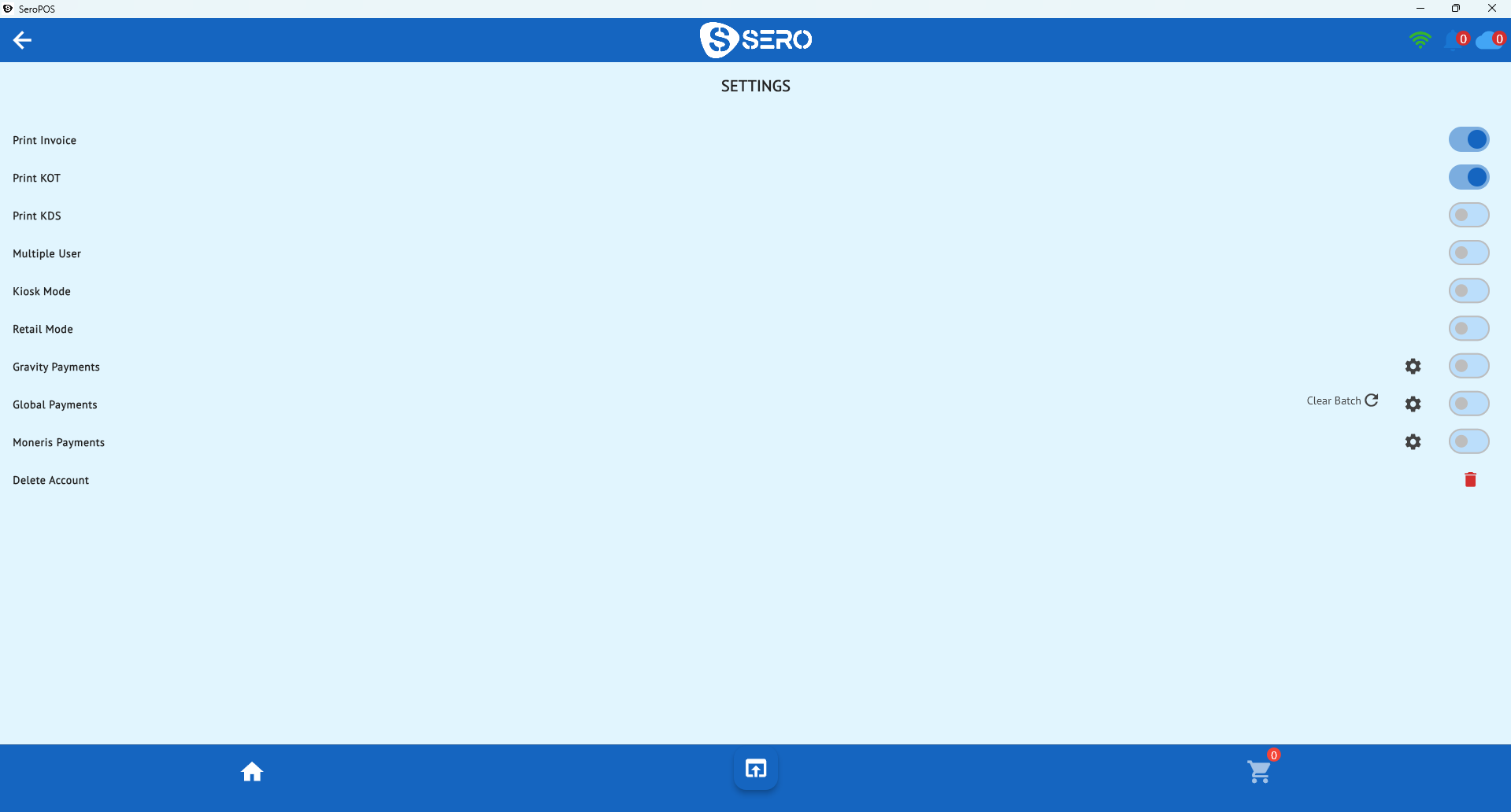 POS settings showing Print KOT and Print KDS toggles for kitchen routing